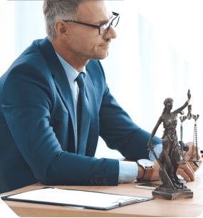 Professional man using intelligent assistant at law office desk.
